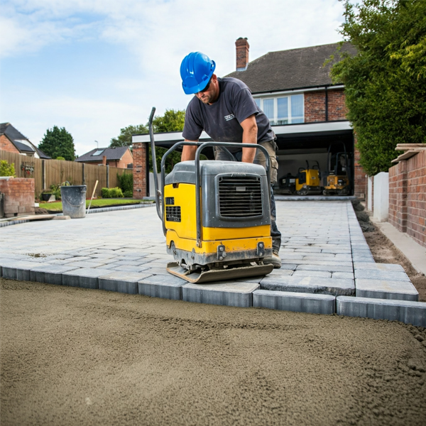 A contractor uses a plate compactor to ensure the stability and longevity of a brick paver driveway extension.