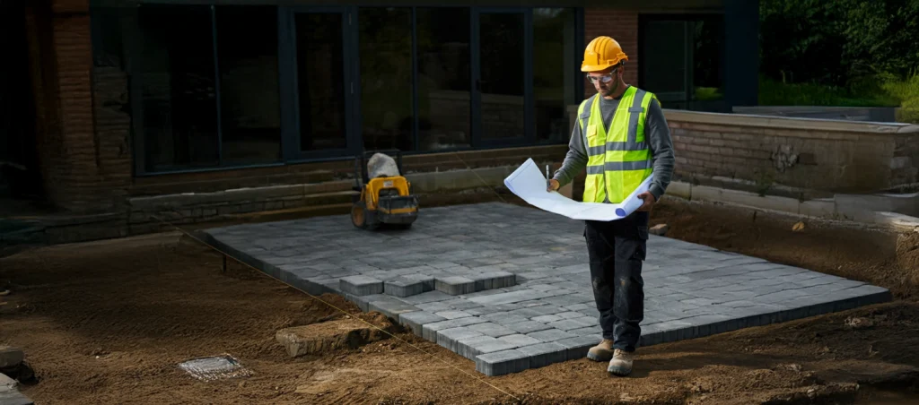 Contractor carefully assessing a construction site, taking measurements and evaluating the area for a future project.