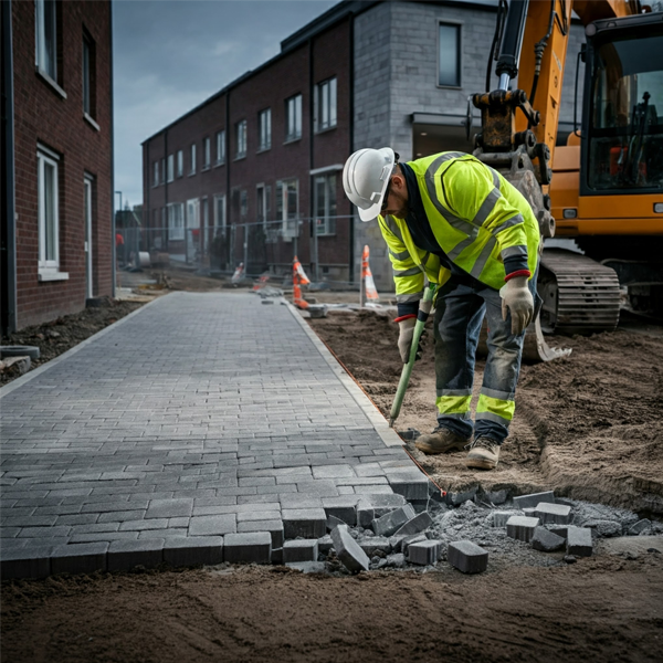 Contractor demolishing an existing walkway to prepare for the construction of a new brick paver sidewalk.