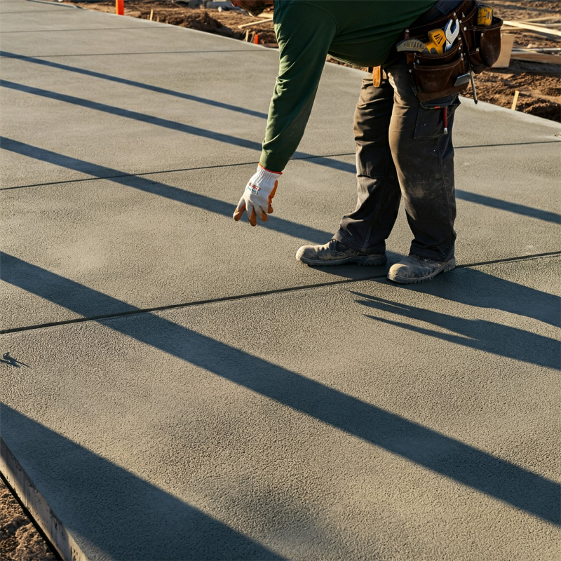 A contractor meticulously inspects the surface of newly built concrete walkways, ensuring quality and precision.