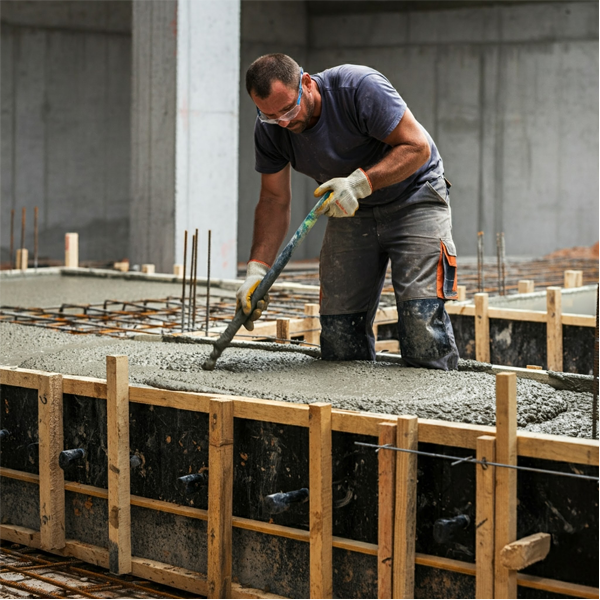 Contractor skillfully mixing and pouring concrete to create strong and durable structural slabs.