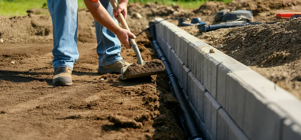 Contractor carefully backfilling and installing drainage around a concrete retaining wall to ensure proper water management.