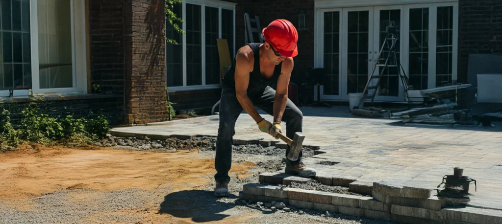 Construction crew demolishing an old driveway and preparing the site for a brick paver driveway extension.