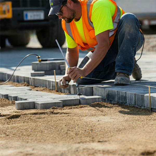 Contractor meticulously leveling and compacting the base material for a brick paver sidewalk, ensuring a stable foundation.