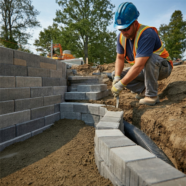 Contractor carefully backfilling and installing drainage around a brick paver retaining wall to ensure proper water management.