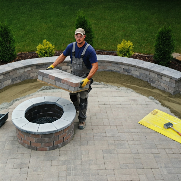 Contractor carefully delivering and installing a new brick paver firepit, ensuring proper placement and safety.