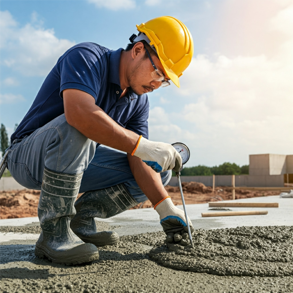 "Contractor meticulously inspecting a concrete structural slab, ensuring proper curing and surface quality for a durable construction.