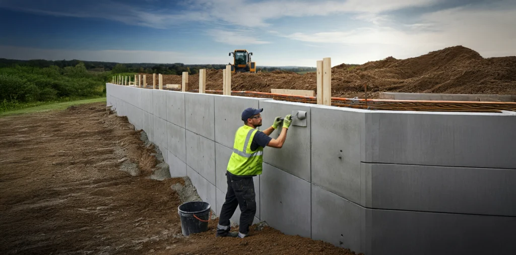 Contractor meticulously adding the finishing touches to a concrete retaining wall, ensuring a polished and professional look.