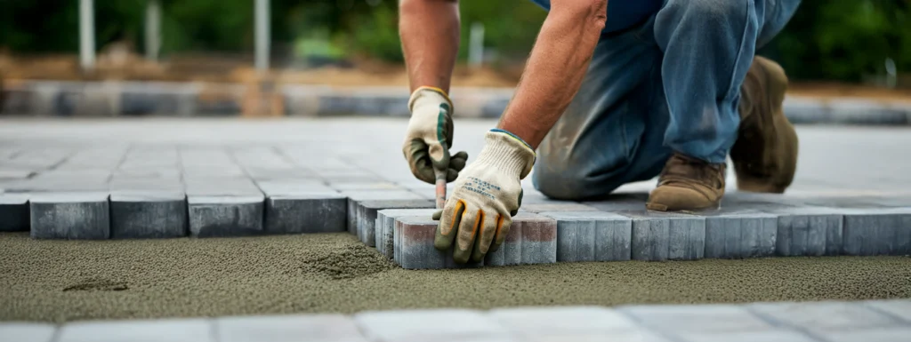 Contractor compacting and leveling a base layer of gravel for a brick paver driveway installation.