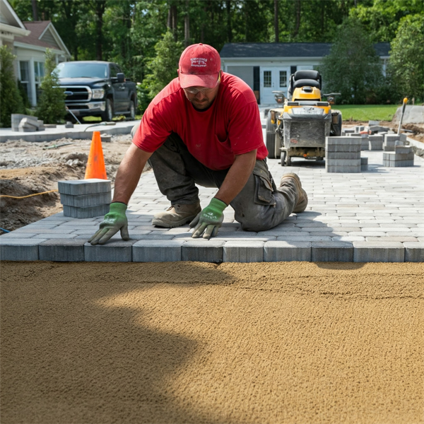 Contractor carefully spreading sand and laying pavers for a beautiful and durable brick sidewalk.