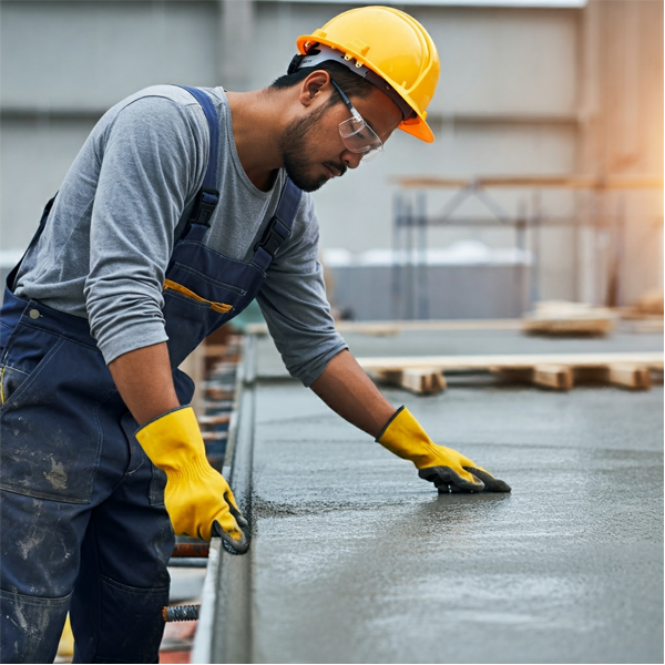 Contractor performing quality control checks on a concrete structural slab, ensuring proper curing and consistency