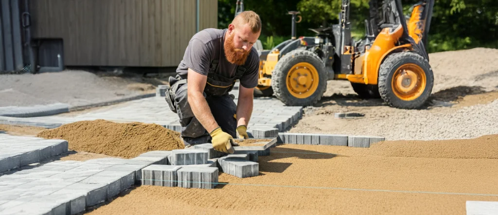 Contractor meticulously screening sand and laying pavers for a beautiful and durable driveway