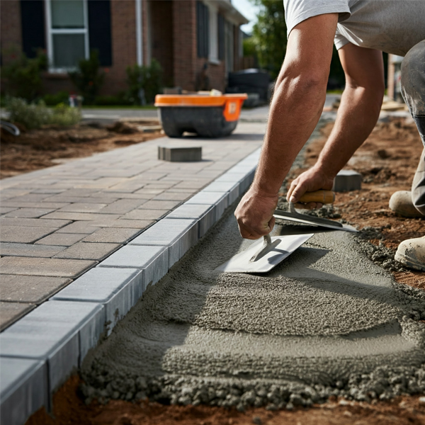 Contractor meticulously installing concrete borders and adding finishing touches to a brick paver sidewalk, ensuring a polished and professional look.