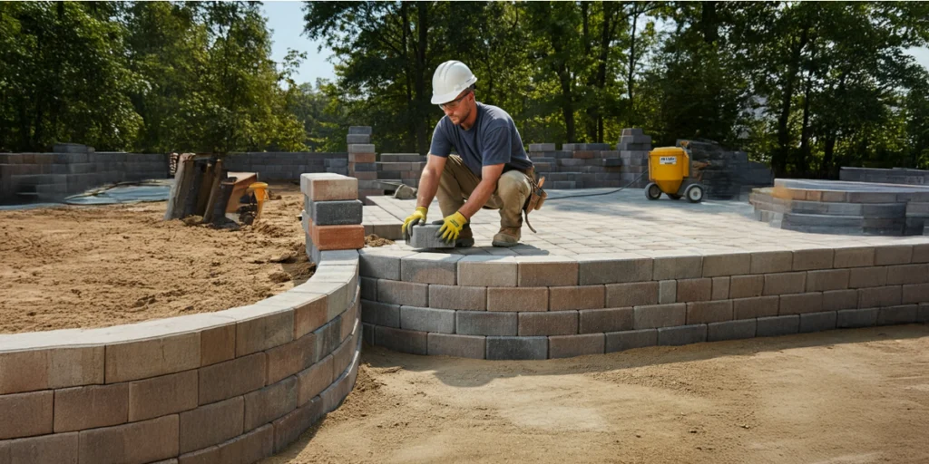 Contractor meticulously adding the finishing touches to a newly constructed brick paver retaining wall, ensuring a polished and professional look.