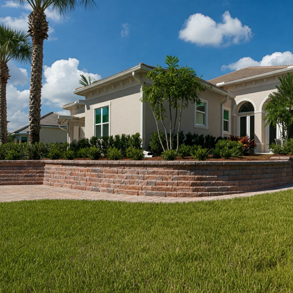 A stunning brick paver retaining wall enhancing a Florida luxury home.